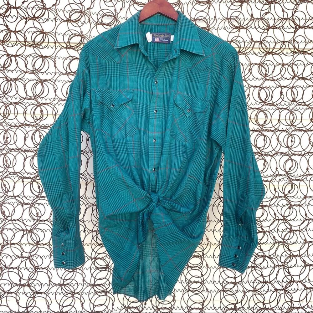 Vintage Panhandle Slim green blue plaid pearl snap western shirt